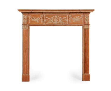 SCOTTISH STRIPPED PINE AND GESSO FIRE SURROUND EARLY 19TH CENTURY the inverted breakfront shelf above a frieze with roses, th