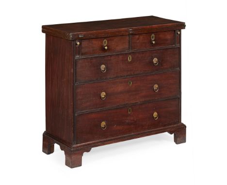 GEORGE II MAHOGANY BACHELOR'S CHEST MID 18TH CENTURY the hinged fold-over top above a pair of short drawers and three long dr