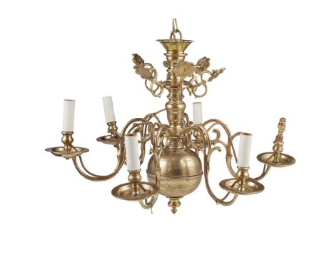 DUTCH BRASS SIX LIGHT CHANDELIER 19TH CENTURY the central baluster issuing six scrolling candle arms with drip pans and six f