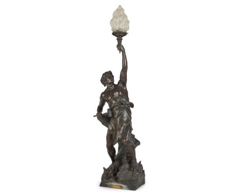 LARGE SPELTER FIGURAL LAMP, AFTER ÉMILE PICAULT 19TH CENTURY modelled as a blacksmith holding a torch with a frosted glass sh