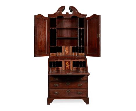 IRISH GEORGE III MAHOGANY BUREAU BOOKCASE 18TH CENTURY the moulded swan neck pediment above a pair of arched moulded panel do