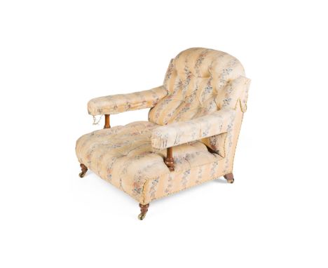 VICTORIAN MAHOGANY UPHOLSTERED ARMCHAIR 19TH CENTURY the low arched button back and seat with open arms on turned supports, r