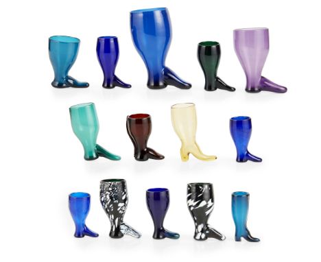 GROUP OF COLOURED GLASS BOOT-FORM STIRRUP CUPS LATE 18TH/ 19TH CENTURY various sizes, comprising four small cobalt glasses, a
