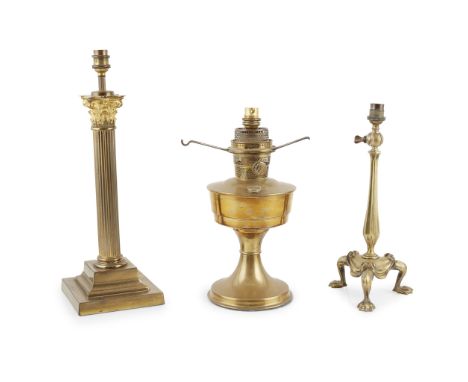 THREE BRASS LAMPS LATE 19TH/ EARLY 20TH CENTURY to include a Corinthian column lamp, a candlestick lamp with tripod base, and