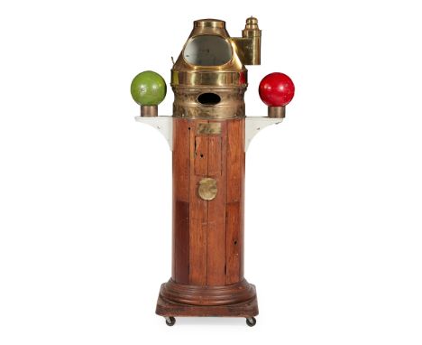 BRASS, IRON AND TEAK BINNACLE, FROM THE SS GOTHLAND LATE 19TH CENTURY with a brass hood, painted iron compensating quadrantal