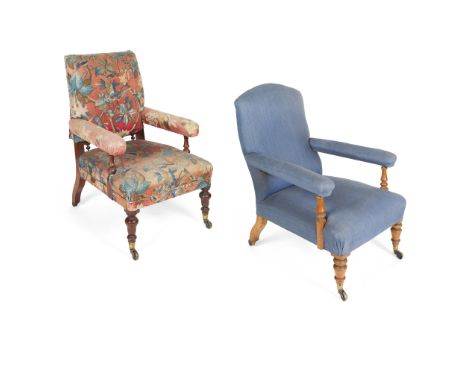 TWO VICTORIAN MAHOGANY UPHOLSTERED ARMCHAIRS 19TH CENTURY the rectangular backs above open padded arms with turned supports, 