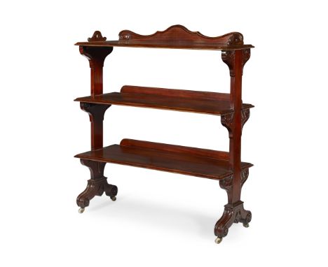 WILLIAM IV MAHOGANY THREE TIER BUFFET SECOND QUARTER 19TH CENTURY the top tier with a scroll carved back gallery over two fur