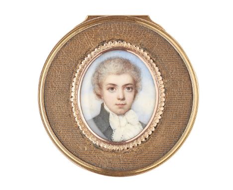 Y PORTRAIT MINIATURE SNUFF BOX 18TH CENTURY the circular box covered in gold and black striped vellum, with a tortoiseshell i