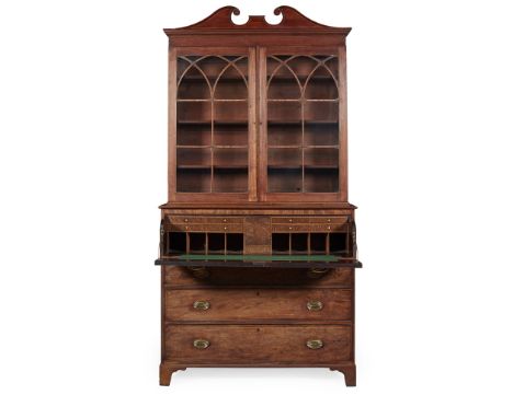 GEORGE III MAHOGANY SECRETAIRE BOOKCASE LATE 18TH CENTURY the moulded cornice with swan neck pediment above a pair of pointed
