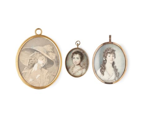 Y THREE PORTRAIT MINIATURES OF LADIES ENGLISH SCHOOL, LATE 18TH CENTURY the first in watercolour and bodycolour on ivory, the