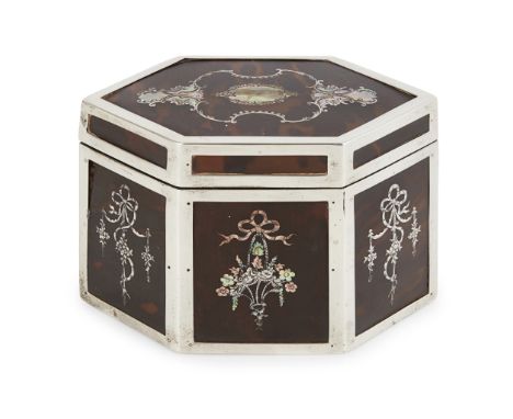 Y GEORGIAN STYLE SILVER, TORTOISESHELL AND ABALONE TEA CADDY J. BATSON &amp; SON, LONDON, HALLMARKED 1907 of hexagonal form, 