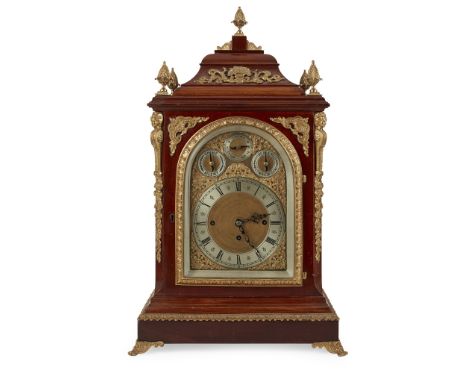 EDWARDIAN MAHOGANY CHIMING BRACKET CLOCK EARLY 20TH CENTURY the arched brass dial with a silvered Roman number chapter ring a