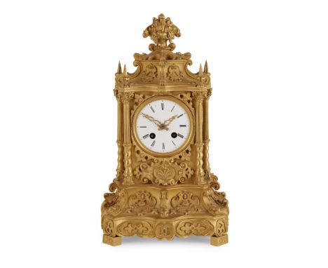 FRENCH GILT METAL MANTEL CLOCK, RAINGO FRÈRES, PARIS LATE 19TH CENTURY the white enamel Roman numeral dial with two winding h