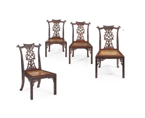 SET OF FOUR CHINESE EXPORT PADOUK 'CHIPPENDALE' SIDE CHAIRS 19TH CENTURY the shaped and carved top rails ending in scroll ter