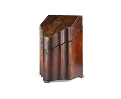 GEORGE III MAHOGANY KNIFE BOX LATE 18TH CENTURY the sloped lid inlaid with a star motif, opening to a fitted interior, above 