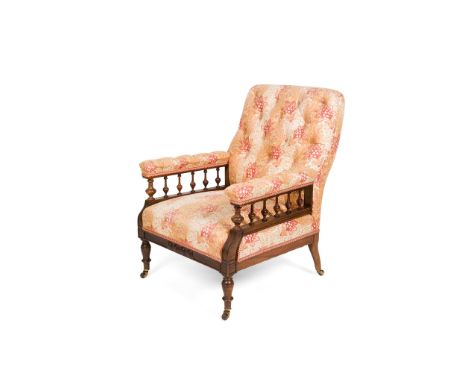 VICTORIAN MAHOGANY-FRAMED UPHOLSTERED ARMCHAIR, BY JAMES SHOOLBRED &amp; CO., LONDON MID-19TH CENTURY with rectangular button