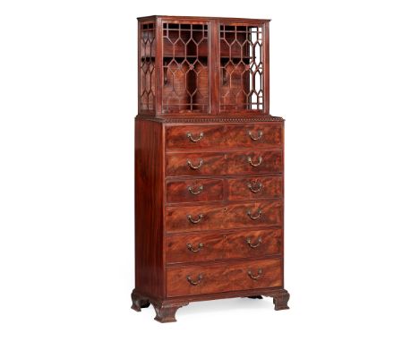 FINE GEORGE III MAHOGANY SECRETAIRE CABINET 18TH CENTURY the superstructure with open fretwork sides and doors enclosing a br