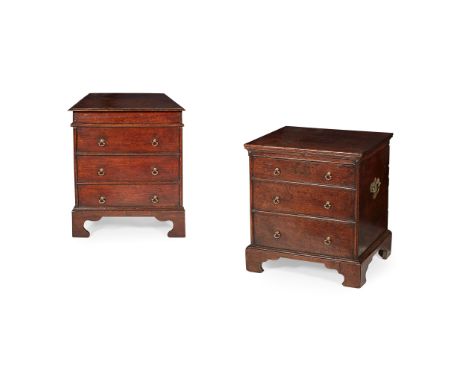MATCHED PAIR OF SMALL GEORGIAN OAK CHESTS 18TH CENTURY WITH ALTERATIONS each with a hinged lid opening to a void interior wit