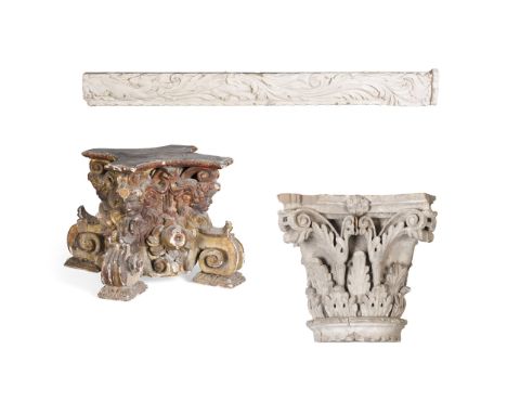 THREE CARVED WOOD ARCHITECTURAL ELEMENTS 18TH/ 19TH CENTURIES comprising an ITALIAN PARCEL-GILT PEDESTAL, carved with putti, 