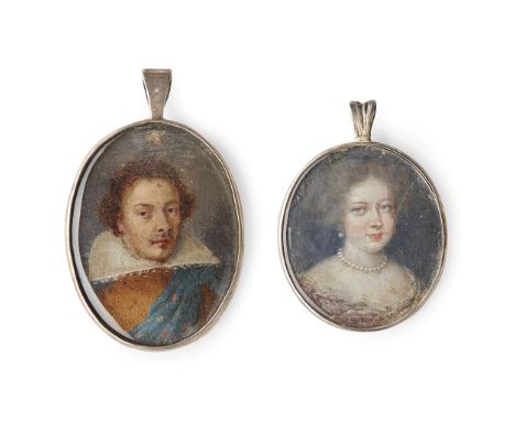 TWO PORTRAIT MINIATURES OF A GENTLEMAN AND A LADY ENGLISH SCHOOL, 17TH CENTURY the gentleman, oil on vellum, the sitter weari