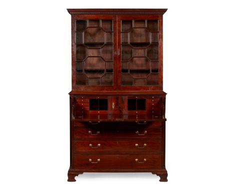 EARLY GEORGE III MAHOGANY SECRETAIRE BOOKCASE 18TH CENTURY the dentil moulded cornice above a pair of astragal glazed doors e