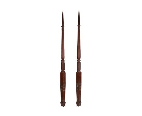 PAIR OF GEORGE III CARVED MAHOGANY BEDPOSTS LATE 18TH CENTURY each with tapering ring-turned, faceted and spiral twist column