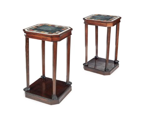 Y PAIR OF REGENCY STYLE, ROSEWOOD, EBONISED AND SPECIMEN MARBLE LAMP STANDS 20TH CENTURY the octagonal tops inset with variou