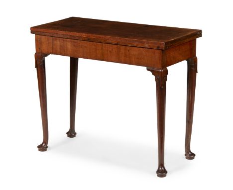 GEORGE I MAHOGANY CARD TABLE EARLY 18TH CENTURY the rectangular fold-over top opening on a gateleg to a green baize playing s