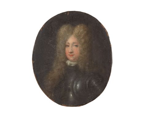 PORTRAIT MINIATURE OF A GENTLEMAN WEARING ARMOUR ENGLISH SCHOOL, EARLY 18TH CENTURY oil on copper, oval, the subject in a lar