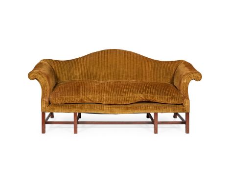 GEORGIAN STYLE MAHOGANY HUMPBACK SOFA 20TH CENTURY the shaped back and serpentine loose cushion seat flanked by high scrolled