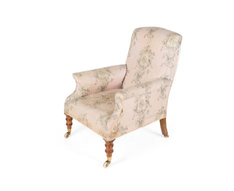 VICTORIAN MAHOGANY UPHOLSTERED ARMCHAIR MID-19TH CENTURY the slightly curved back above outswept arms and a stuffover seat, r