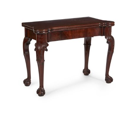 GEORGE III MAHOGANY CARD TABLE, POSSIBLY IRISH 18TH CENTURY the fold-over top with outset rounded corners, opening on a gatel