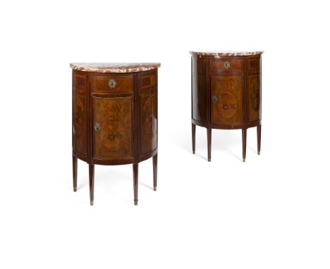 PAIR OF ITALIAN KINGWOOD AND MARQUETRY DEMI-LUNE CABINETS 19TH CENTURY with rouge marble tops, above single frieze drawers an