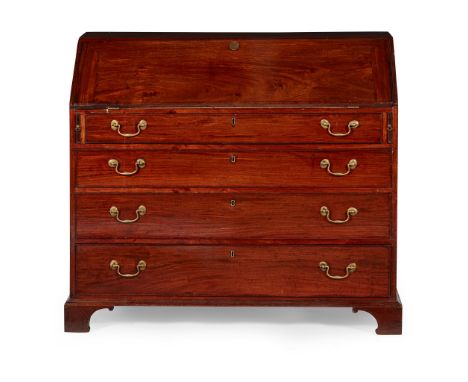 GEORGE III MAHOGANY BUREAU 18TH CENTURY the slant front opening to an interior fitted with pigeon holes, drawers and a green 