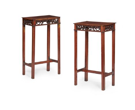 PAIR OF GEORGE III MAHOGANY LAMP TABLES 18TH CENTURY the rectangular tops above pierced scroll friezes, raised on square legs