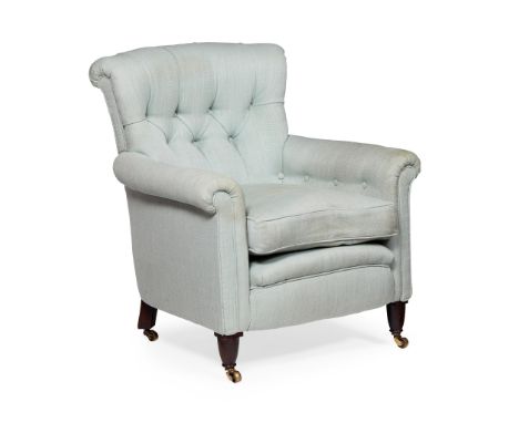 EDWARDIAN UPHOLSTERED ARMCHAIR EARLY 20TH CENTURY the scrolled button-upholstered back above a loose cushion seat and scroll 