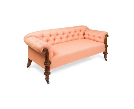 WILLIAM IV MAHOGANY-FRAMED SOFA SECOND QUARTER 19TH CENTURY with a low button back and outswept arms with reeded facings, abo