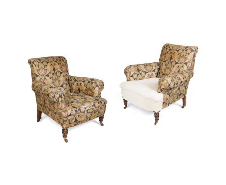 PAIR OF VICTORIAN MAHOGANY UPHOLSTERED ARMCHAIRS LATE 19TH CENTURY with a scroll-top backs and outswept arms above stuffover 