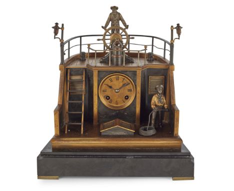 FRENCH GILT AND PATINATED METAL AUTOMATON QUARTER DECK CLOCK, BY GUILMET, PARIS LATE 19TH CENTURY the case in the form of a s