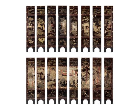 CHINESE COROMANDEL LACQUER EIGHT-FOLD SCREEN EARLY 18TH CENTURY with a continuous vista of palace life to one side, and the o