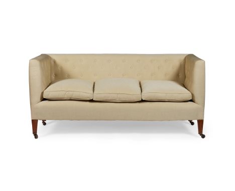 EDWARDIAN SOFA EARLY 20TH CENTURY the button upholstered low straight back and enclosed arms above a three cushion seat, rais