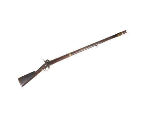 RUSSIAN MILITARY BACK ACTION PERCUSSION MUSKET CIRCA 1840 dated 1847 on the brass barrel loops, with brass furniture struck w