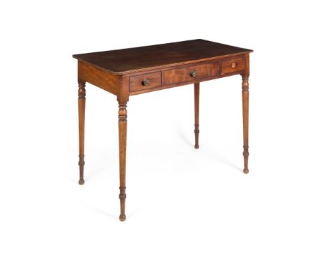 REGENCY MAHOGANY AND EBONY SIDE TABLE EARLY 19TH CENTURY the rounded rectangular top with a moulded edge, above three short f