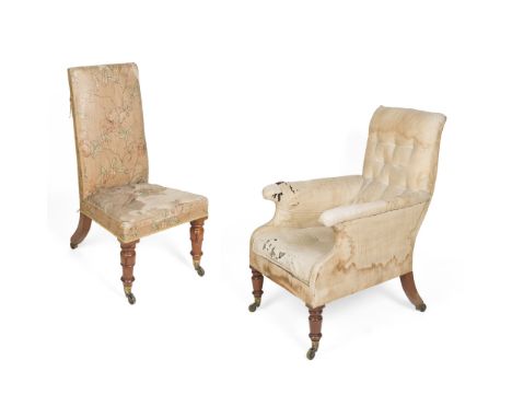 TWO EARLY VICTORIAN MAHOGANY UPHOLSTERED CHAIRS MID-19TH CENTURY to include an armchair with a button upholstered back above 