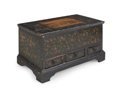 REGENCY PAINTED AND PAPERED MINIATURE BLANKET CHEST 19TH CENTURY painted all over with flowers and foliage against a black gr