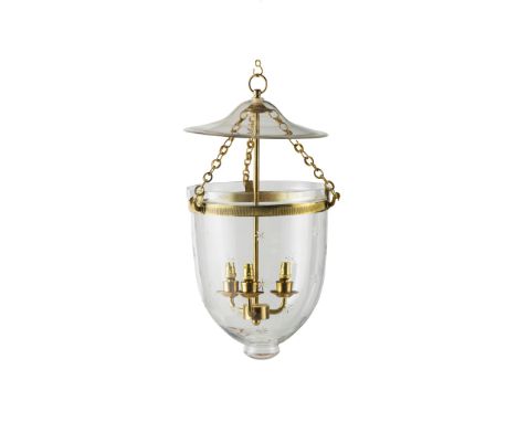 ENGRAVED GLASS BELL JAR HANGING LANTERN MODERN the suspended smoke lid above the rounded body engraved with stars, with gilt 