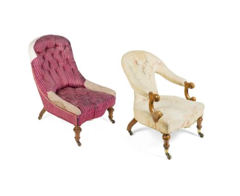 TWO VICTORIAN UPHOLSTERED PARLOUR CHAIRS MID-19TH CENTURY the first walnut framed with a low button back and open arms with s