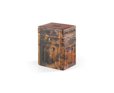 Y REGENCY PRESSED TORTOISESHELL TEA CADDY EARLY 19TH CENTURY of rectangular form, the moulded sides depicting Palladian facad