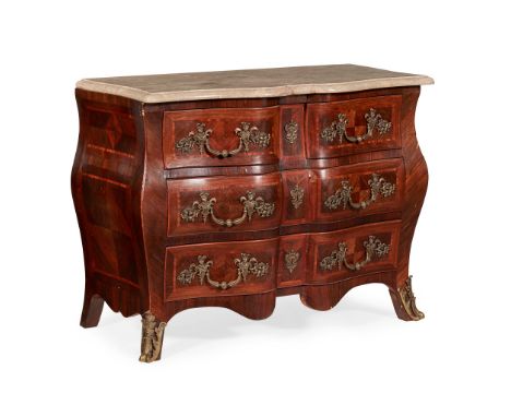 LOUIS XV STYLE KINGWOOD PARQUETRY MARBLE TOP COMMODE 20TH CENTURY of double serpentine bombe shape, the veined beige marble t