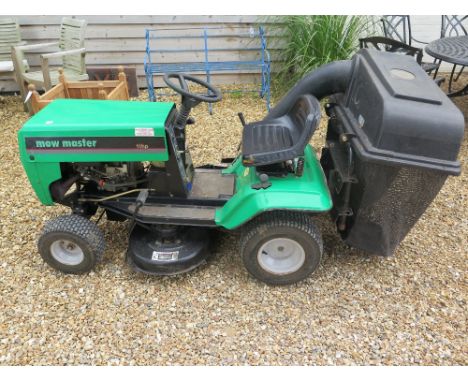 A Mow Master 11hp petrol ride on mower with a Briggs and Stratton engine and grass box - in working order but needs a new bat